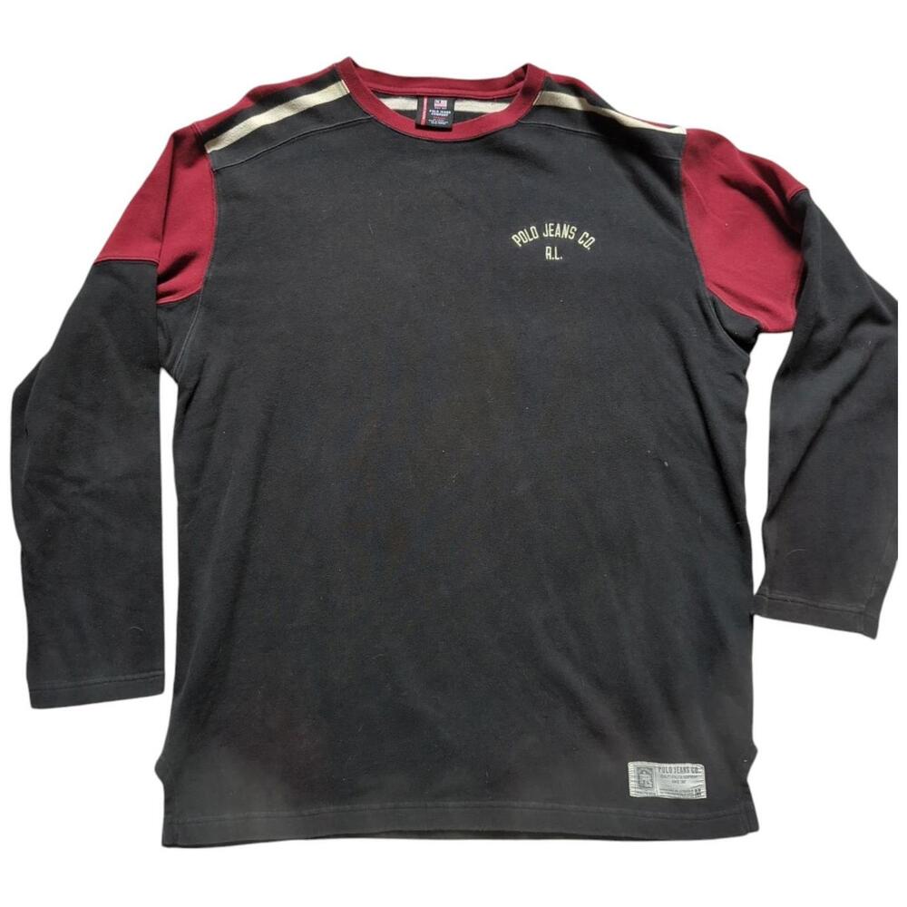 Polo Jeans Mens Long Sleeve Sweatshirt Medium Black Red‎ White Stripe Colorblock